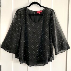 Jennifer Lopez, Layered, Chiffon, Blouse, 3/4 Sleeves, Black, Gold Dots, Size‎ S